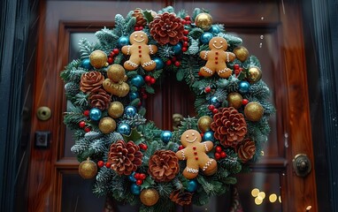 festive Christmas wreath adorned with gingerbread figures, pinecones, and colorful ornaments, perfect for holiday decoration.