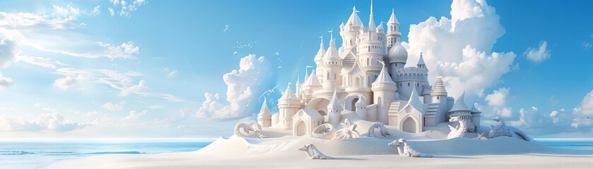 Obraz premium Fantasy-themed sandcastle with dragons and mythical creatures, shimmering under the sun