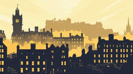 Minimalism illustration, silhouette of the Edinburgh cityscape with Edinburgh Castle and historic streets, flat illustration on pale yellow background, empty copy space, lofi style illustration 