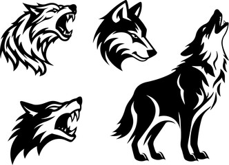 Wolf Silhouette Clipart Set. Vector Illustration Isolated on white Background.