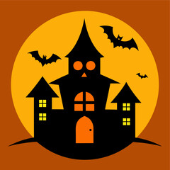 Spooky Halloween scene with haunted house, bats, full moon, jack-o'-lantern and bare tree.