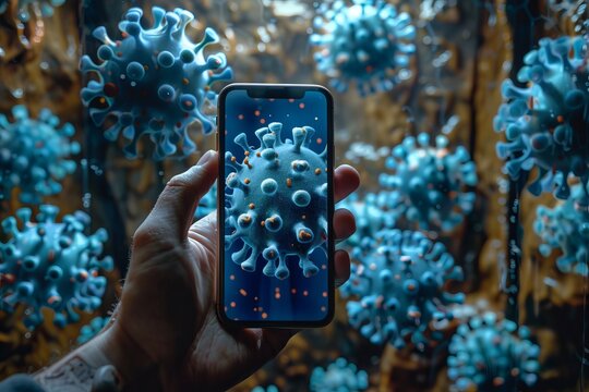 Man holding smartphone showing virus particles floating around, antivirus protection concept - Powered by Adobe