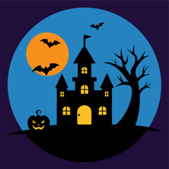 Spooky Halloween scene with haunted house, bats, full moon, jack-o'-lantern and bare tree.