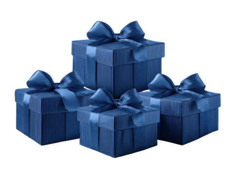 A set of four elegantly wrapped blue gift boxes adorned with satin bows, perfect for any special occasion or celebration. Isolated on transparent or white background.