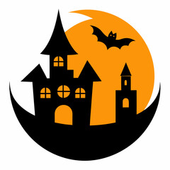 Spooky Halloween scene with haunted house, bats, full moon, jack-o'-lantern and bare tree.