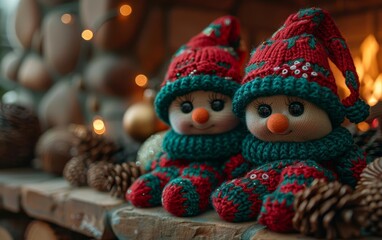 Festive knitted dolls with cheerful expressions, perfect for holiday decorations or cozy indoor settings by the fireplace.