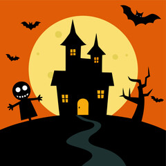 Spooky Halloween scene with haunted house, bats, full moon, jack-o'-lantern and bare tree.