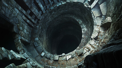 The opening of the stone well, which leads into darkness, reveals a deep, dark and austere stone interior.