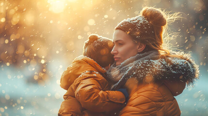 Young mother protecting her child from the falling snow
