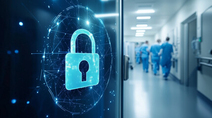 In a hospital, the padlock icon symbolizes the importance of keeping health data safe. This visual representation emphasizes the importance of protecting patients' private information.