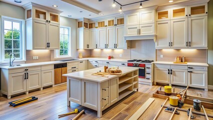 A new custom kitchen cabinet is being assembled, with tools and hardware scattered around, in the midst of a home improvement project, showcasing renovation progress.