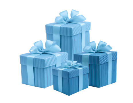 A collection of beautifully wrapped blue gift boxes with ribbons, perfect for celebrations and special occasions.