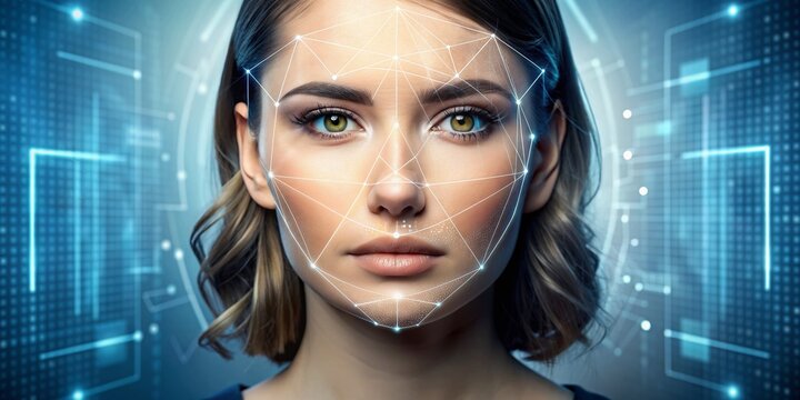 High-tech facial recognition system scans a woman's face, analyzing features for secure authentication and verification, with a futuristic interface display in the background.