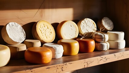 cheeses arranged on a shelf