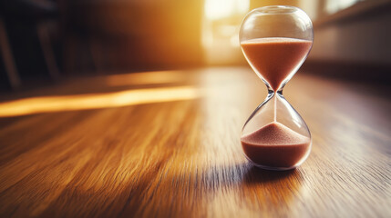 hourglass with sand flowing down, symbolizing the passage of time on wooden background
