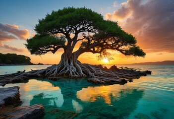 Sunset by Ancient Tree and Tranquil Waters