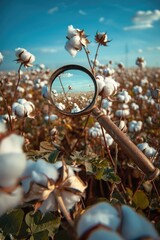 cotton field and magnifying glass. Selective focus