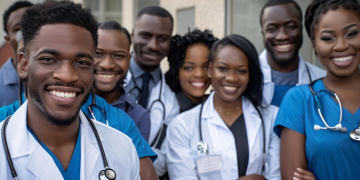 A group of Black doctors pose for a portrait while wearing their medical uniforms, smiling and looking confident.