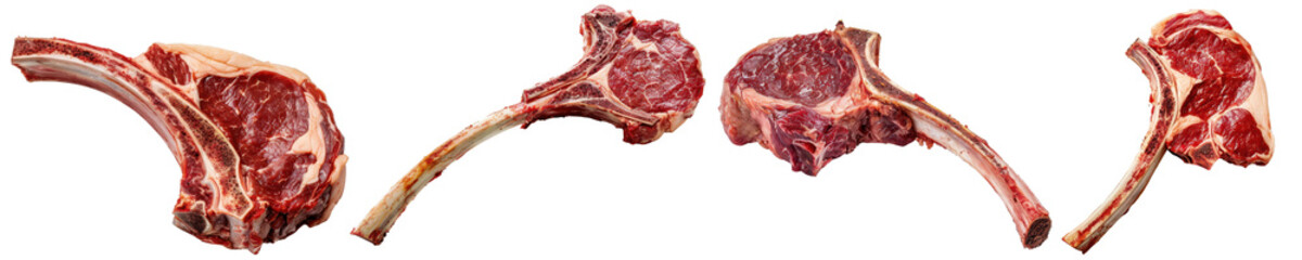 Obraz premium Set of Raw Tomahawk Ribeye Steaks collection cut out transparent isolated on white background PNG