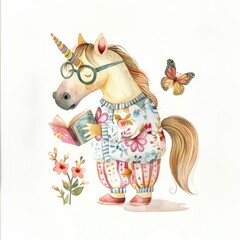 Whimsical unicorn reading book