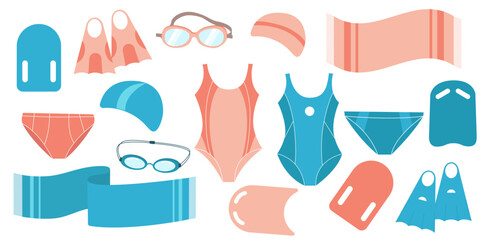 Set of swim sport equipment, towel, swimsuit, goggles and flippers
