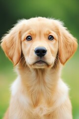 Obraz premium Adorable golden retriever pup gazing curiously in a lush green park setting