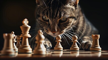 Adorable Gray-Brown Tabby Cat Playing Chess on a Board with Paws, Detailed and High-Resolution Portrait against Black Background. Professional Photography Style Featuring Soft Shadows 