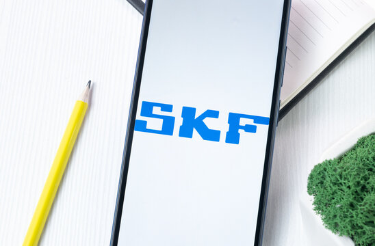 New York, USA - 1 August 2024: SKF Logo on Phone Screen, Company Icon on Display