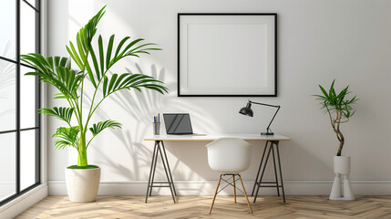 Stylish Office Space Mock-Up with Empty Horizontal Picture Frame and Decorative Plant