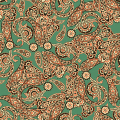 Digital vector textile print. Seamless Design suitable for covers, fabrics, textiles, wrapping paper, featuring an antique Thai pattern Paisley Indian motifs and decorative floral elements