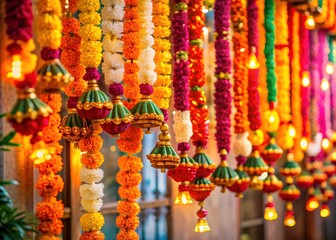 traditional Indian flower garlands ornamental bells for decoration during festive ceremonial occasion