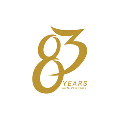 83, 83rd Years Anniversary Logo, Golden Color, Vector Template Design element for 83 birthday, invitation, wedding, jubilee and greeting card illustration.