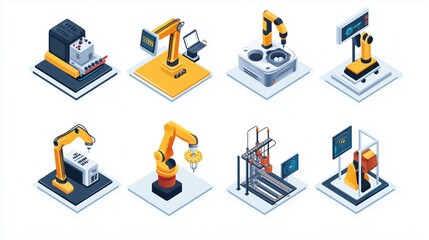 Isometric Icon Set of Industry 4.0 Technologies in Smart Manufacturing Plant