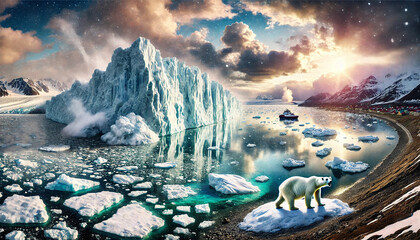 Concept Art Melting Ice Caps Polar Bear and Iceberg Under a Stunning Sunset Sky