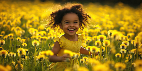 Fototapeta premium Unadulterated Joy: A child runs through a field of dandelions, her face filled with delight and innocence