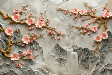 Abstract Elegance: Volumetric Plaster Art on a Concrete Wall with Gold Accents, Reflecting Japanese Landscapes of Mountains, Waterfalls, and Cherry Blossoms