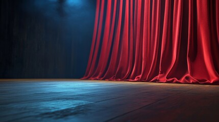 Red curtain on a stage with dramatic lighting effects.