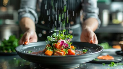 A chef elegantly plating a colorful dish, garnishing with fresh herbs and flowers, showcasing culinary artistry and presentation.