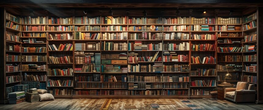 A large wall of bookshelves filled with books in a library