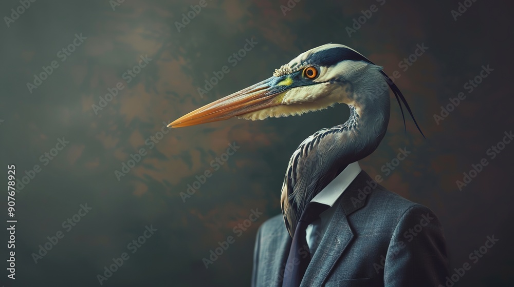 Sticker heron dressed in an elegant suit with a nice tie. fashion portrait of an anthropomorphic animal, bir