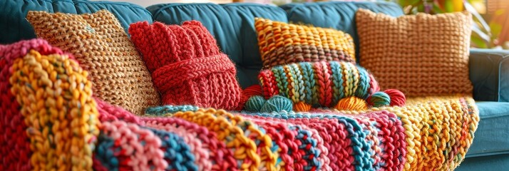 Cozy Knitted Pillows and Blanket on a Couch.