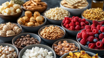 Fototapeta premium Variety of Snacks in Bowls on Black Surface.