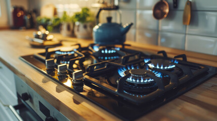 A stove with four burners and a blue tea kettle on top