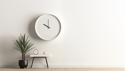 Modern White Wall Clock with Plant and Table