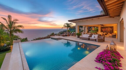 Luxurious beachfront villa with pool at sunset scenery