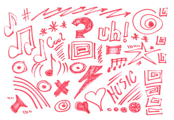 Grunge hand draw shape music notes, icons isolated on white, red marker