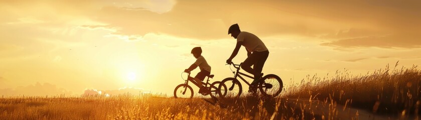Obraz premium A father and son joyfully biking together at sunset in a beautiful field, showcasing love, adventure, and family bonding.