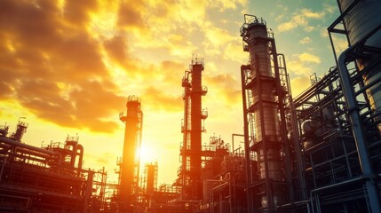 Obraz premium Sunset industrial complex showing structures and pipes