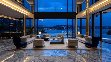 Luxurious modern living area with stunning lake view