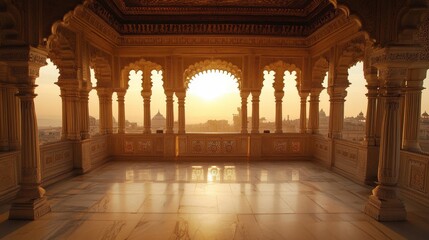 Obraz premium Intricate sunset-lit palace balcony with carved pillars